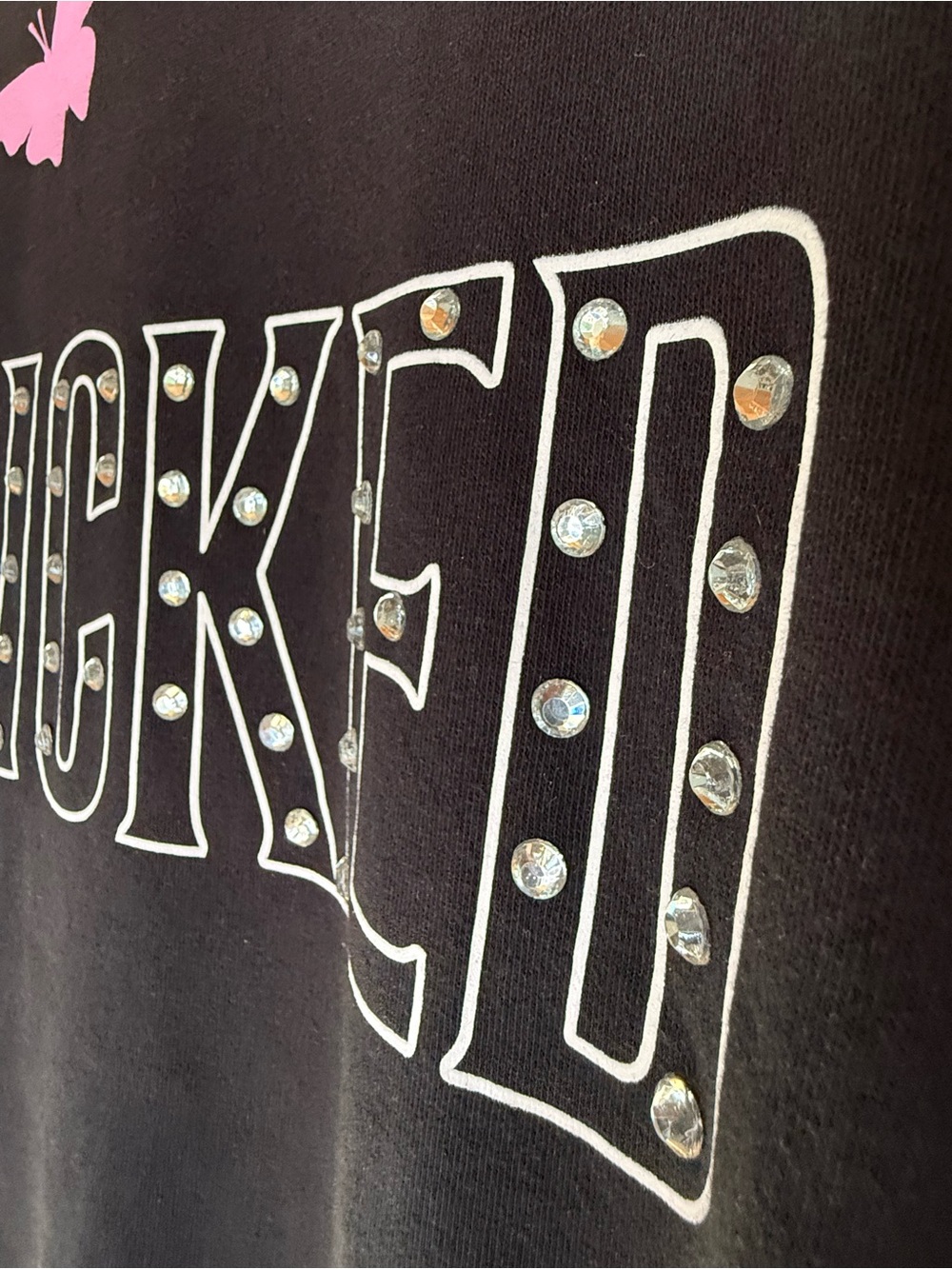 Wicked Graphic Crewneck Sweater Black with Pink Accents and Crystals - Women’s - Picture 4 of 6